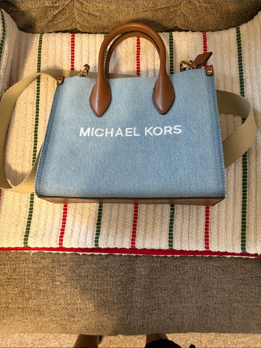 Michael Kors Light Blue Denim Satchel with Brown Trim